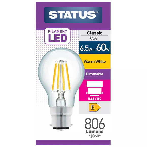 Status 6.5W LED GLS - B22-BC - Dimmable - Warm White (2700K)