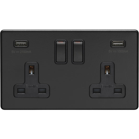 Eurolite Concealed Matt Black 2 Gang USB Socket (ECMB2USBB)
