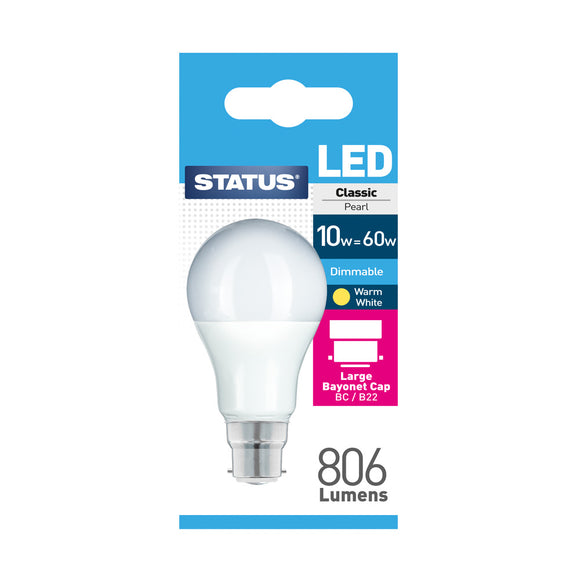Status 10W LED GLS - B22-BC - Dimmable - Warm White (2700K) - (10SLDGBCP1PKB8)