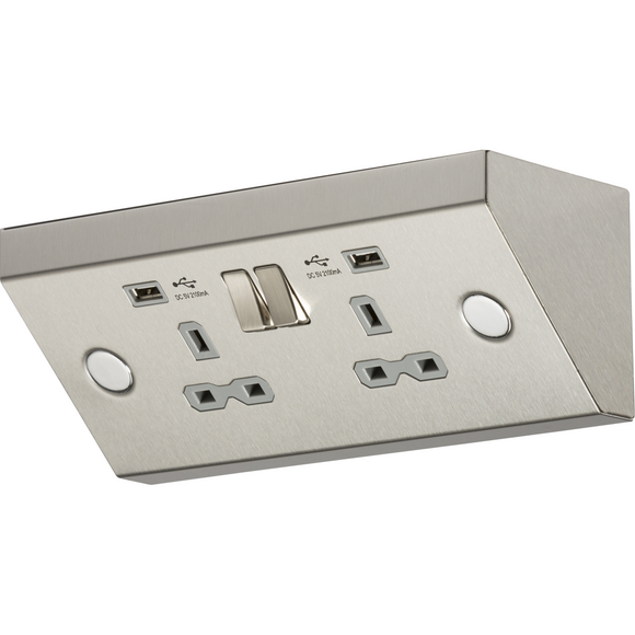 Knightsbridge 2 Gang 13A Work Top Socket with USB Charger  - Stainless Steel