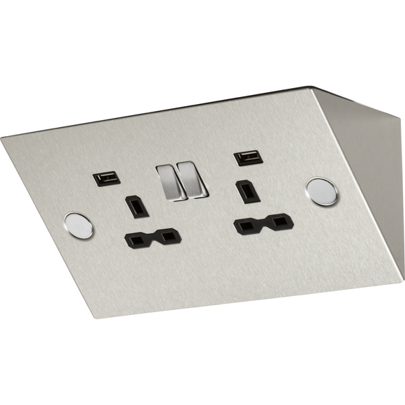 Knightsbridge 2 Gang Work Top Socket w/ USB Charger (2.4A) - Stainless Steel