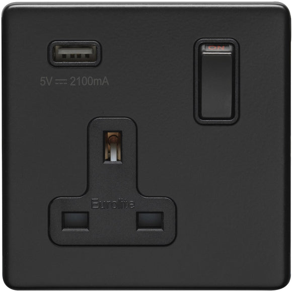 Eurolite Concealed Matt Black 1 Gang USB Socket (ECMB1USBB)
